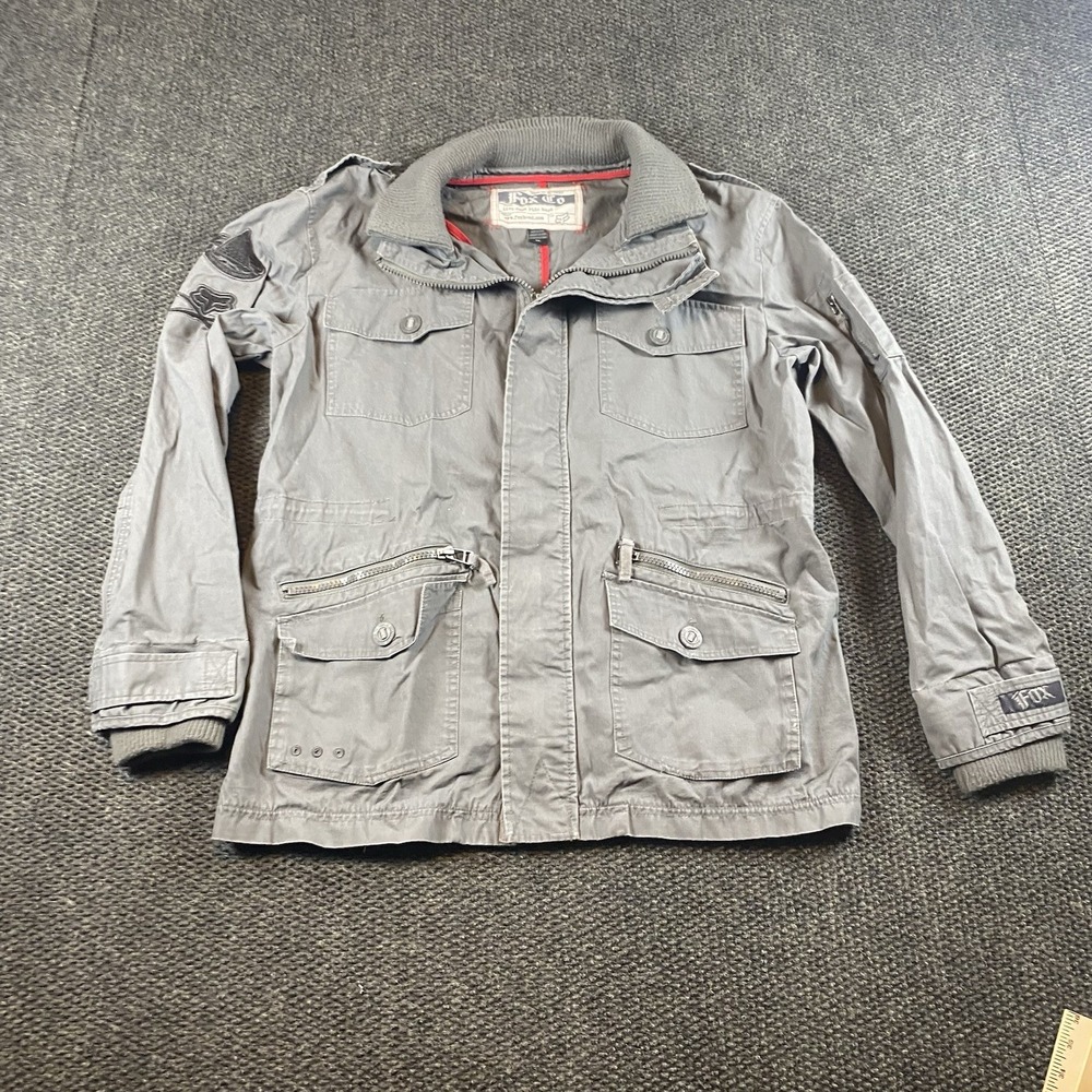 Fox‎ Racing Mens XL Gray Military Field Jacket Ripstop Utility Moto Patches
